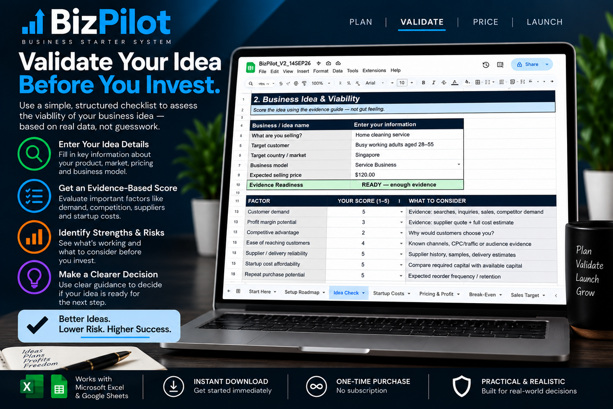 BizPilot business idea validation tool for evaluating viability, evidence, strengths and risks before launching